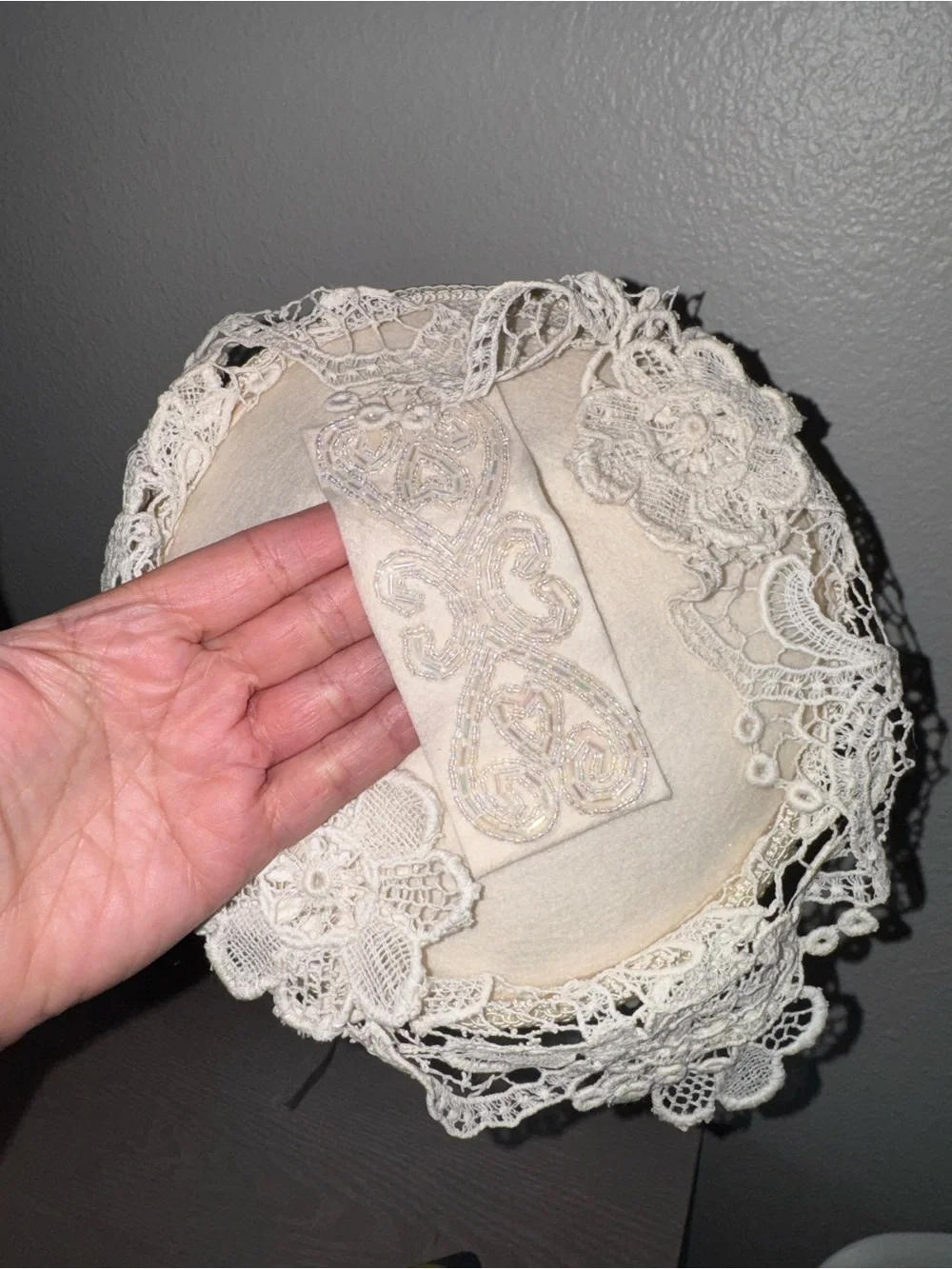 Ivory Ring bearer beaded lace pillow.